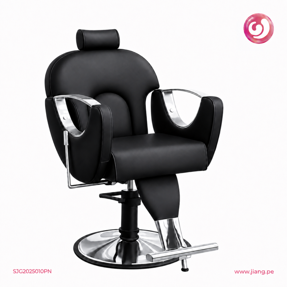 Silla de maquillaje hidráulica negra con acabado plateado, modelo SJG2025010PN