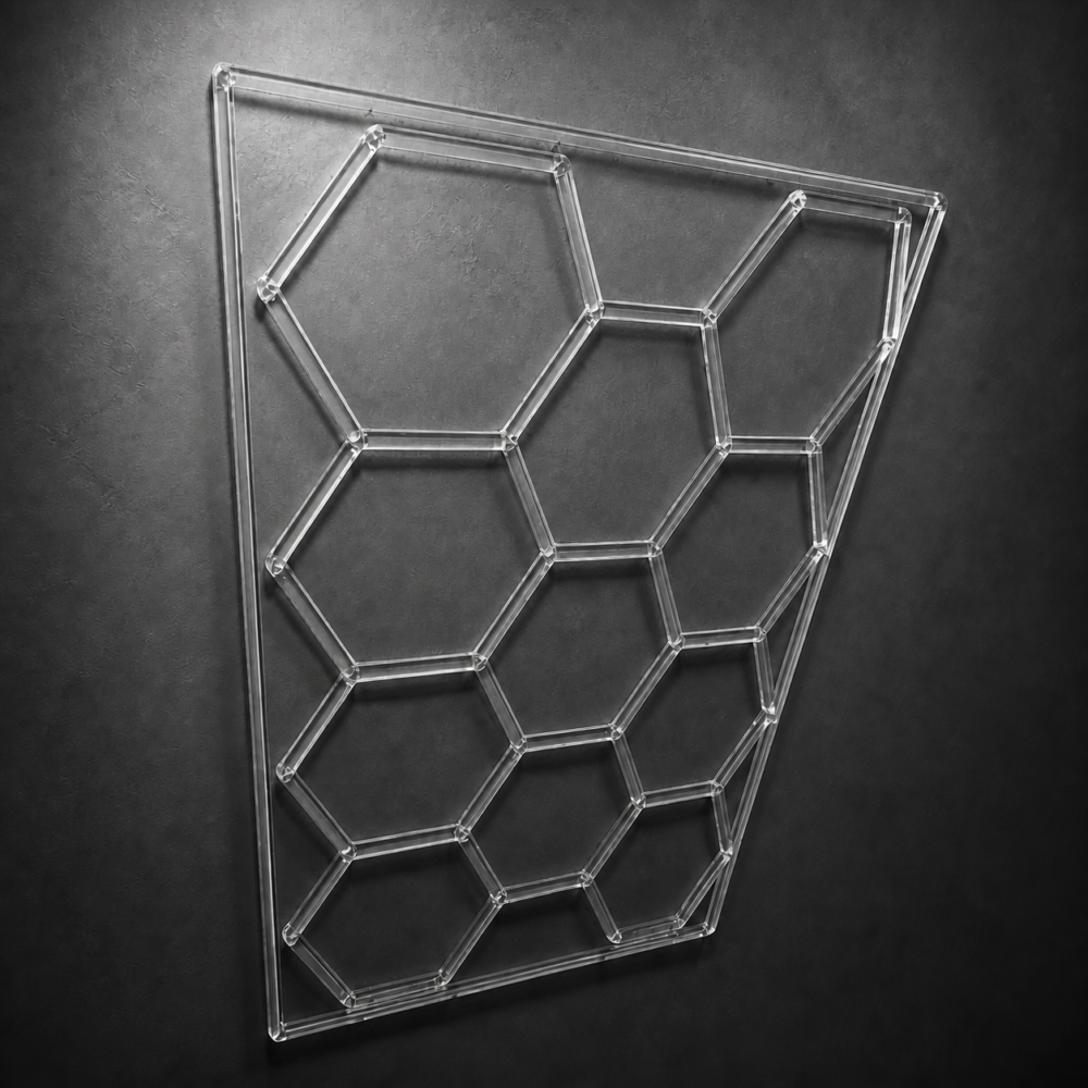 Lámpara LED hexagonal tipo panal LED20260901 encendida con luz blanca